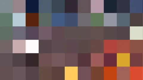 Raster aus quadratischen Farbfeldern in gedämpftem Blau, Grau, Mauve und Braun, dazwischen leuchtendes Rot und Gelb.
