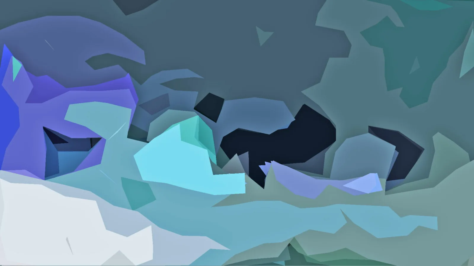 Abstrakte Komposition aus flachen, kantigen Formen in Blau, Türkis und Anthrazit, dunkle Flächen in der Mitte, helle Flächen am unteren Rand.
