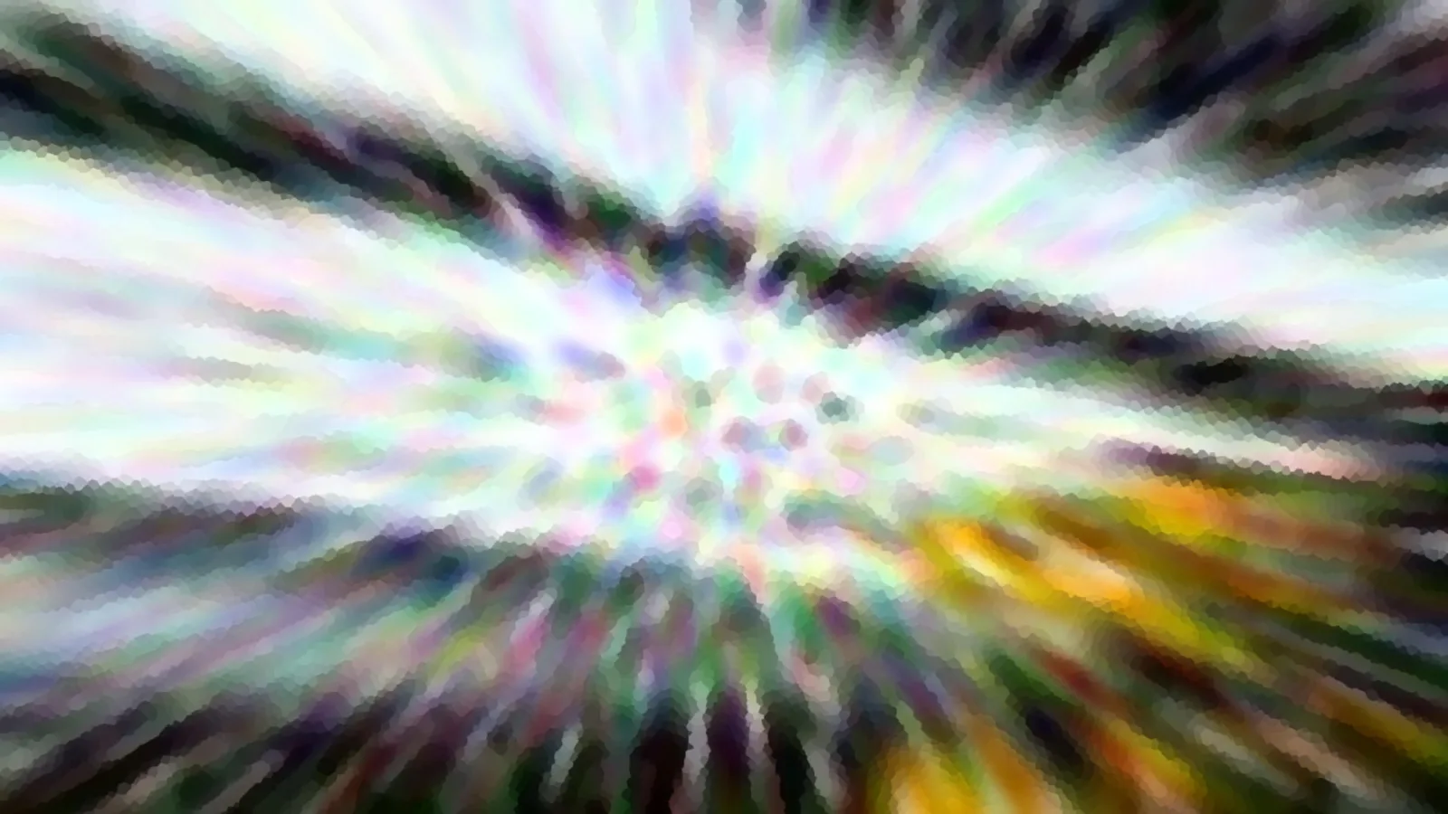 Abstrakte Komposition aus radial von einem hellen Zentrum ausstrahlenden Streifen in Weiß, Pastellrosa, Mintgrün, Schwarz und Gelb, leicht pixelig.