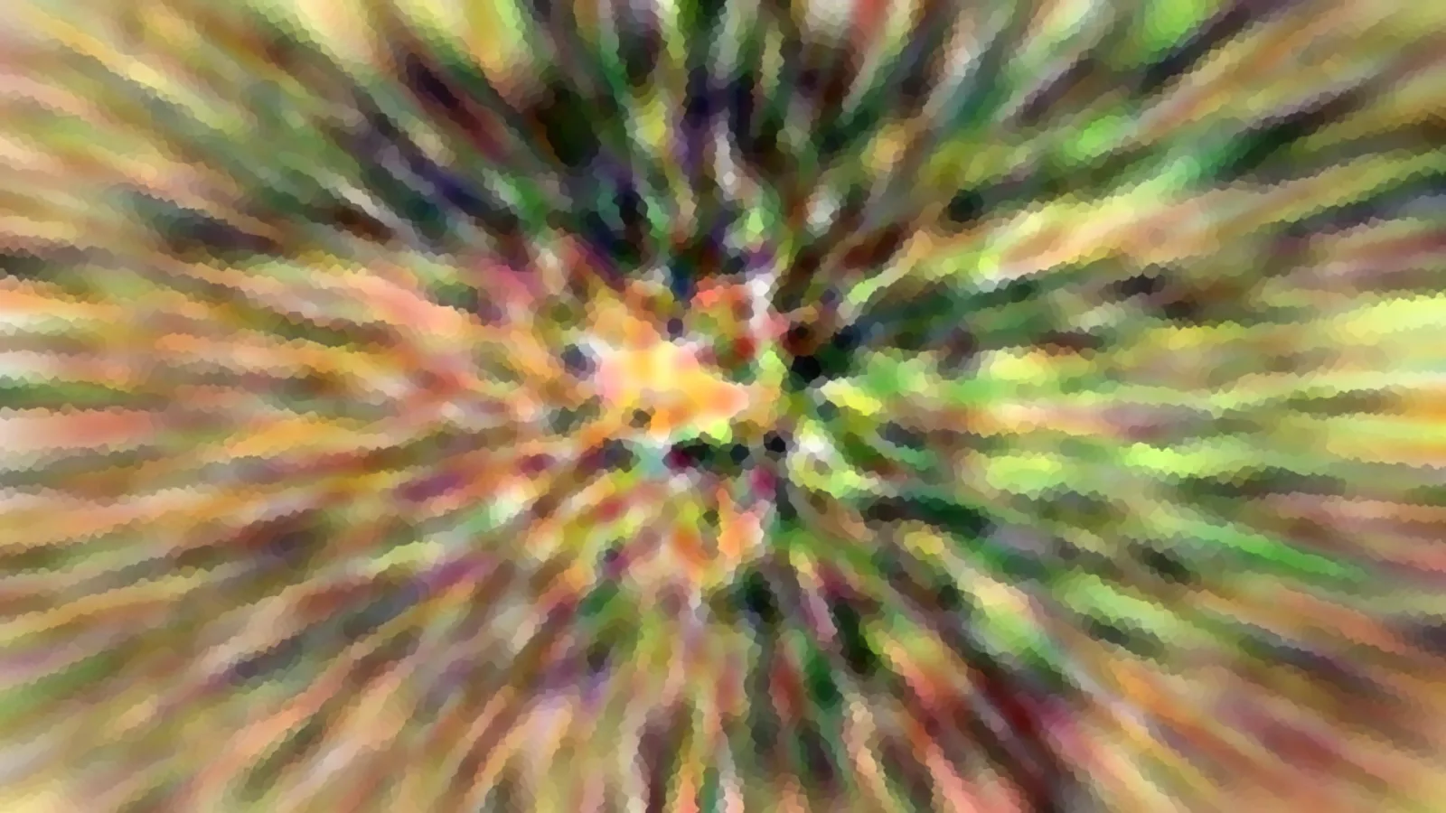 Abstrakte Komposition aus bunten, radial von der Mitte ausgehenden Streifen in Grün, Gelb, Orange und Violett, die wie eine Zoomfahrt wirkt und mit einer pixeligen Struktur überzogen ist.