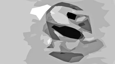 Abstrakte Komposition aus grauen und schwarzen polygonalen Flächen, oben links ein weißer Splitter, in der Mitte eine große schwarze Form.