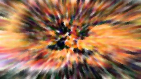 Abstrakte Komposition aus bunten, radial von einem dunklen Zentrum nach außen verlaufenden Farbstreifen in Orange, Rot, Gelb, Grün und Violett, verwischt und pixelig.