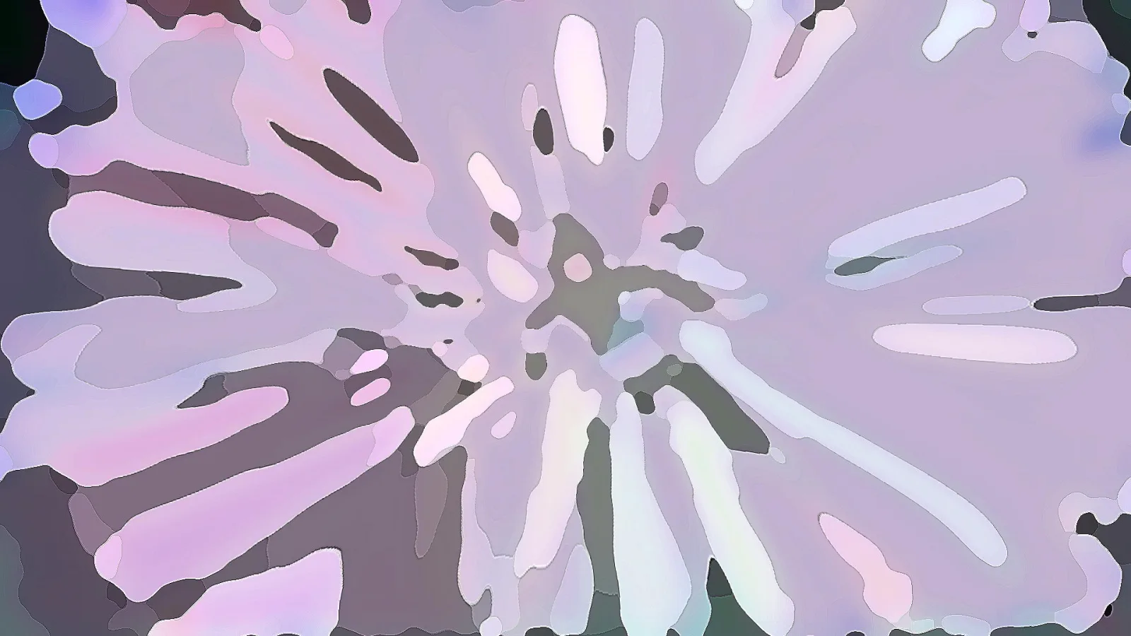 Abstrakte Komposition aus pastellfarbenen Rosa-, Lila- und Weißtönen, die radial vom Zentrum nach außen strahlen, umrahmt von dunkelgrauen Flächen.