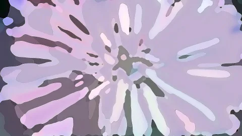 Abstrakte Komposition aus pastellfarbenen Rosa-, Lila- und Weißtönen, die radial vom Zentrum nach außen strahlen, umrahmt von dunkelgrauen Flächen.