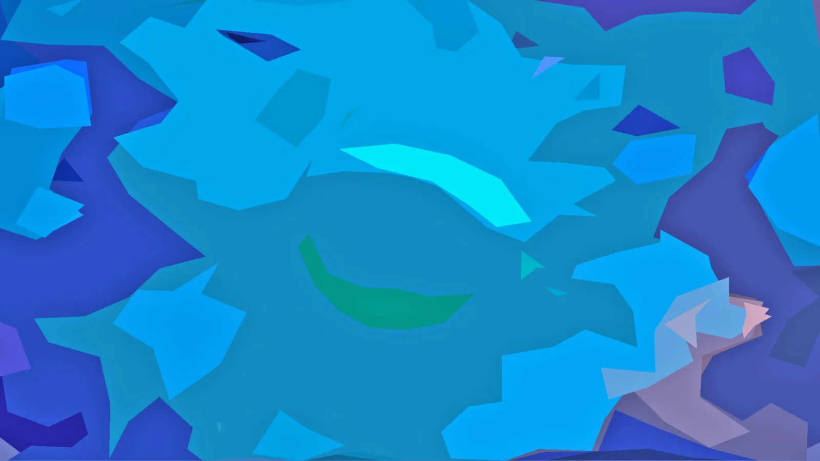 Abstrakte Komposition aus blauen, türkisfarbenen und violetten Polygonflächen mit einem grünen Bogen in der Mitte.