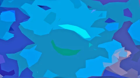 Abstrakte Komposition aus blauen, türkisfarbenen und violetten Polygonflächen mit einem grünen Bogen in der Mitte.