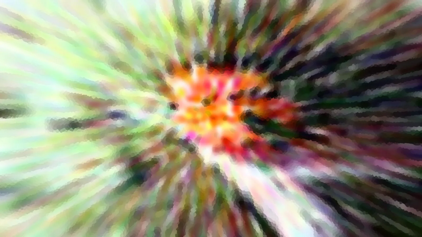 Abstrakte Komposition mit radial verlaufenden, verwischten Farbstreifen, im Zentrum leuchtend orange und rot.