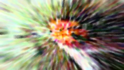 Abstrakte Komposition mit radial verlaufenden, verwischten Farbstreifen, im Zentrum leuchtend orange und rot.