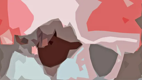 Abstrakte Komposition aus kantigen, flachen Formen in Rosa, Rot, Dunkelbraun, Grau und Hellblau