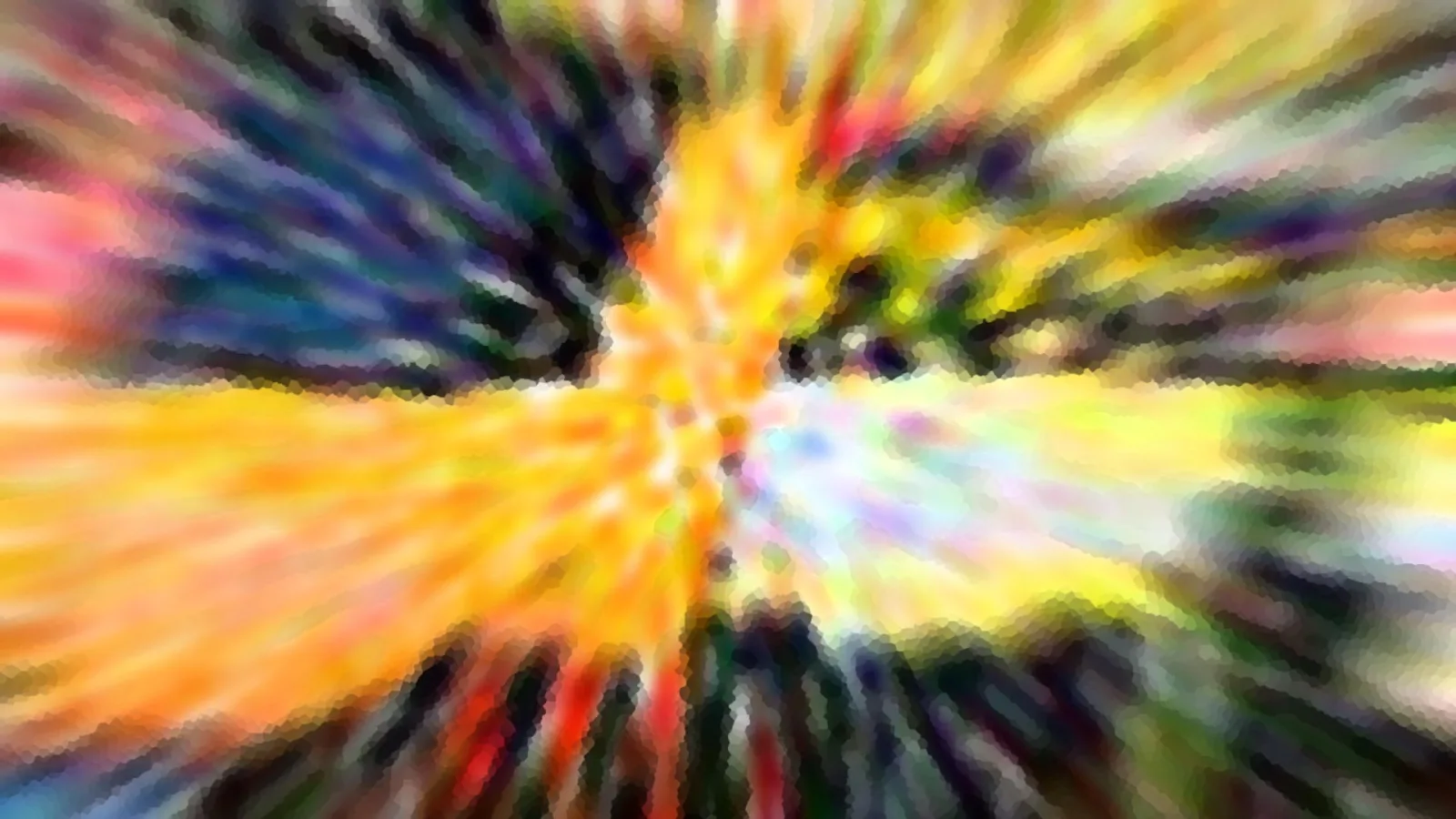 Abstrakte Komposition aus radial von einem hellen gelb-orangen Zentrum nach außen laufenden Farbstrahlen in Blau, Grün, Violett und Rot.