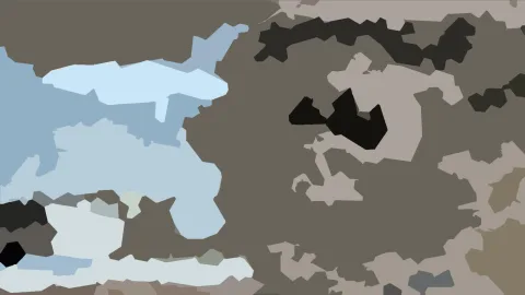 Abstrakte Komposition aus grauen, beigen, hellblauen und schwarzen Flächen mit unregelmäßigen Konturen