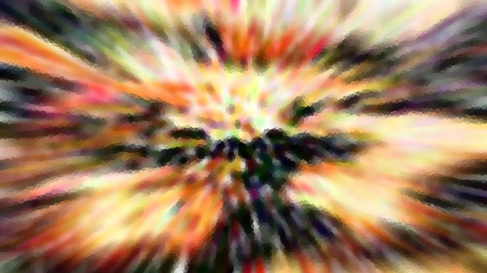Abstraktes Bild mit radialen Schlieren in Orange, Gelb, Rot und Grün, die von einem dunklen Zentrum nach außen strahlen.
