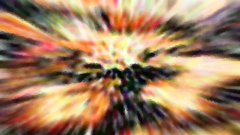 Abstraktes Bild mit radialen Schlieren in Orange, Gelb, Rot und Grün, die von einem dunklen Zentrum nach außen strahlen.