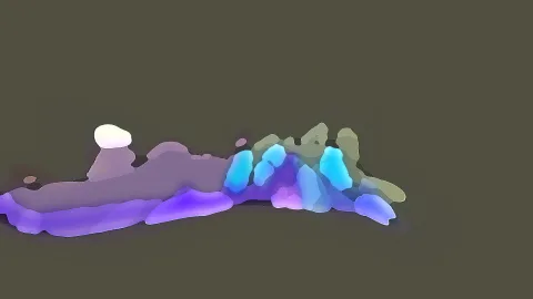 Abstrakte, pinselartige Farbflecken in Violett, Türkis und Weiß auf dunkel olivgrünem Hintergrund.