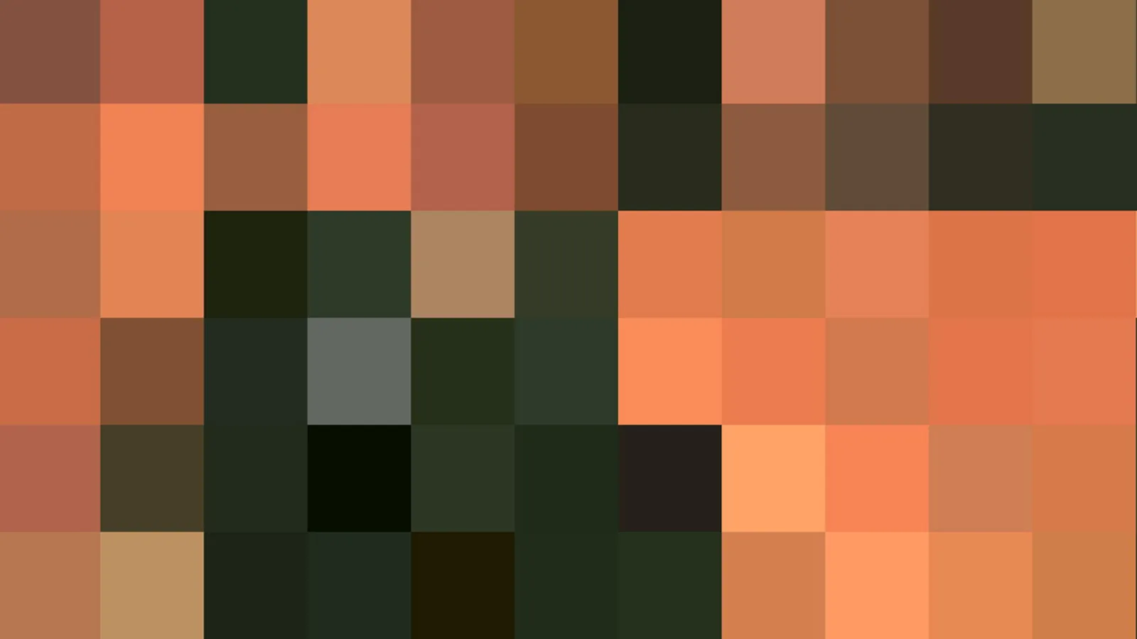 Mosaik aus quadratischen Pixelblöcken in Orange, Braun, Dunkelgrün und vereinzelt Grau.