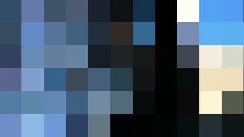 Mosaik aus rechteckigen Pixelblöcken in Blau, Schwarz, Grau und Cremeweiß, in einem gleichmäßigen Raster angeordnet.