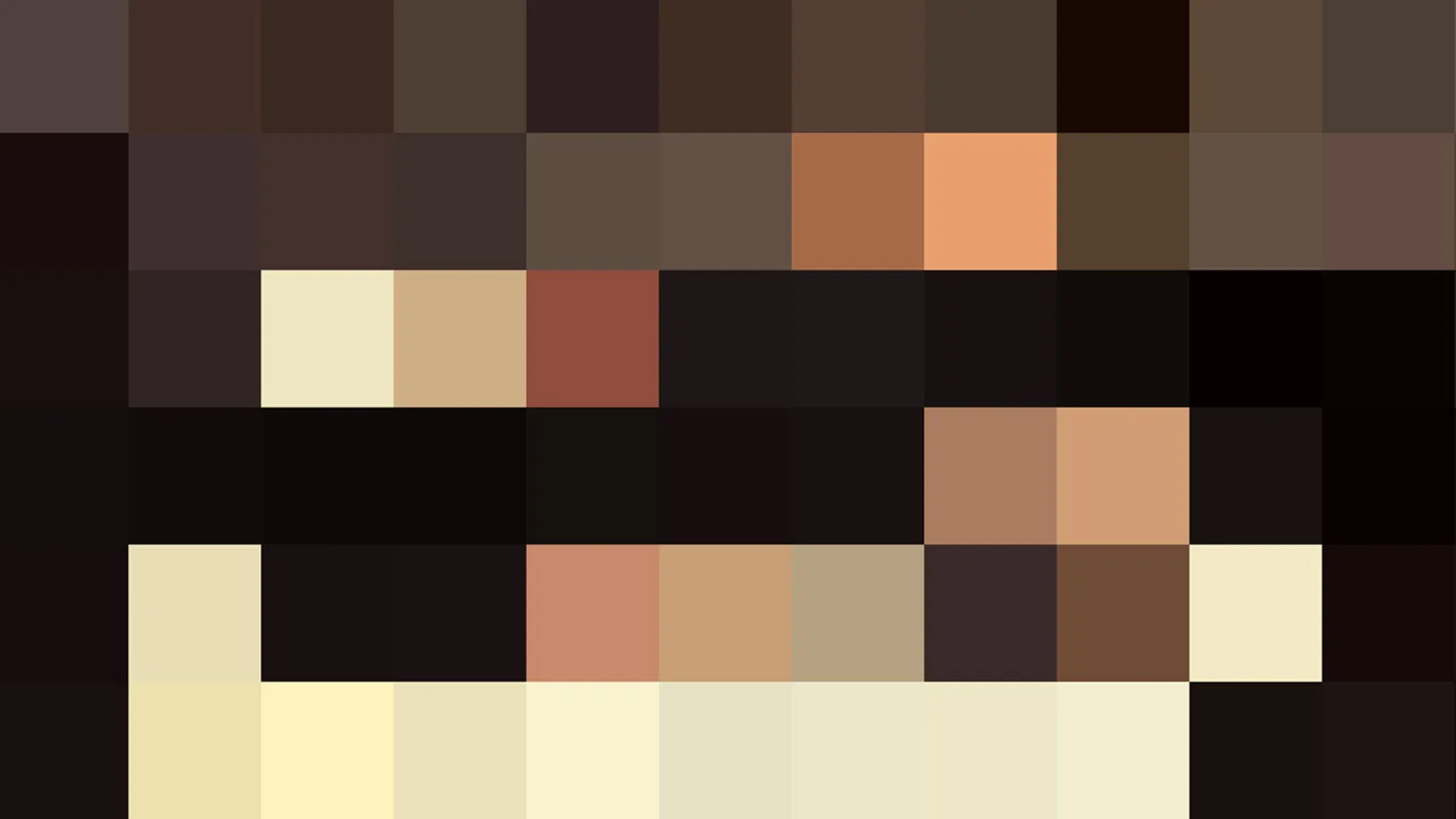Verpixeltes Mosaik aus Quadraten in Braun-, Beige- und Hauttönen, dunkle Ränder und helle Felder in der Mitte und unten.