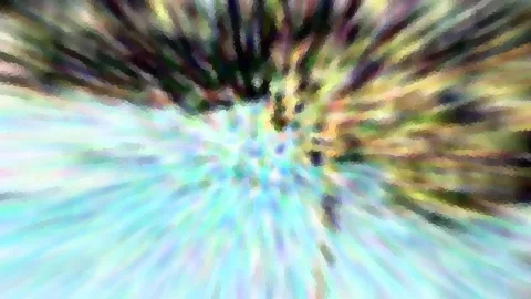 Abstrakte Komposition aus strahlenförmig von der Mitte nach außen laufenden Farbschlieren in Türkis, Weiß, Gelb und dunklem Grün, leicht pixelig verwischt.