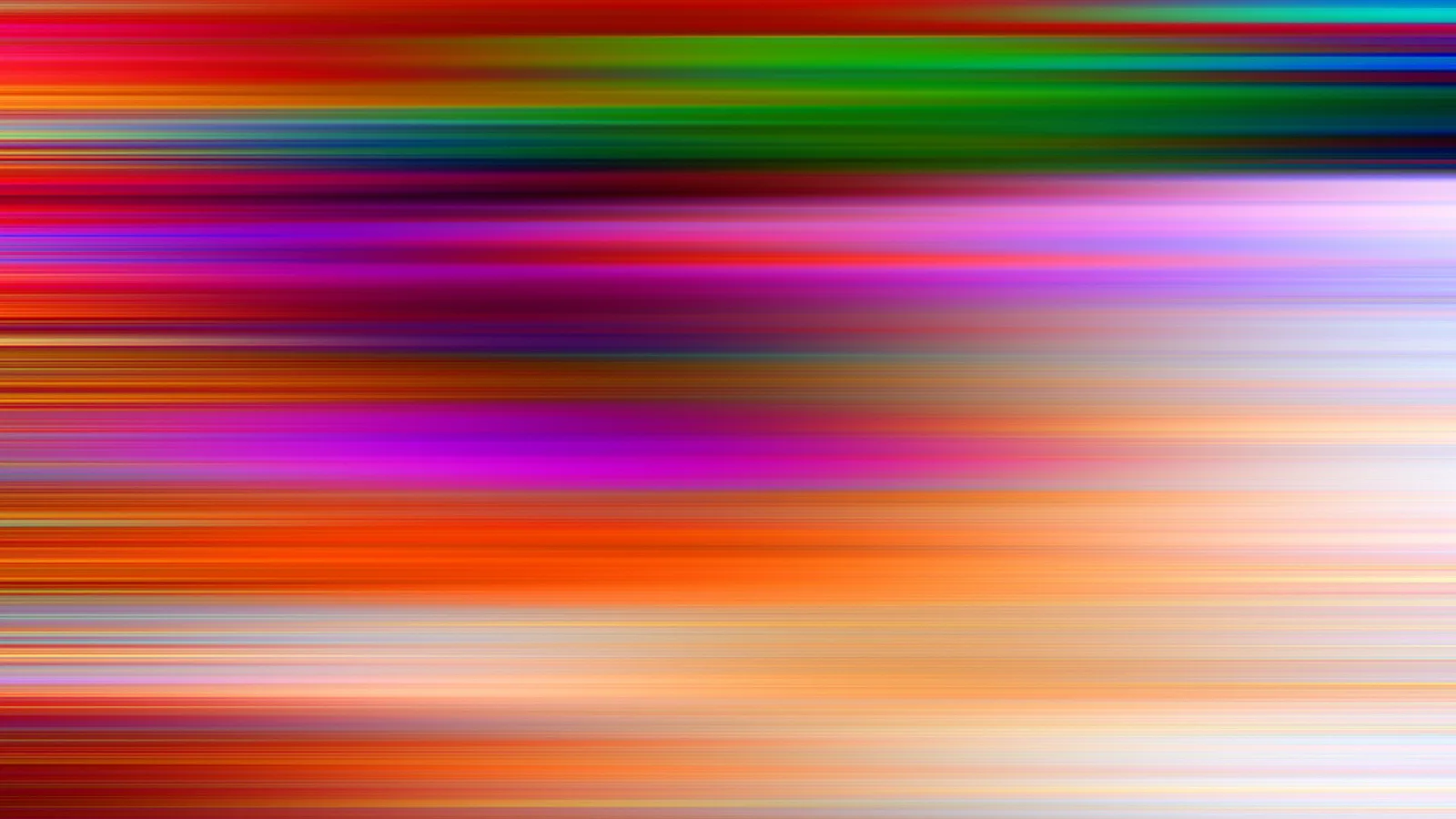 Abstraktes Bild aus horizontalen, verwischten Farbstreifen in Rot, Grün, Violett, Orange und Weiß, die von links nach rechts verlaufen.
