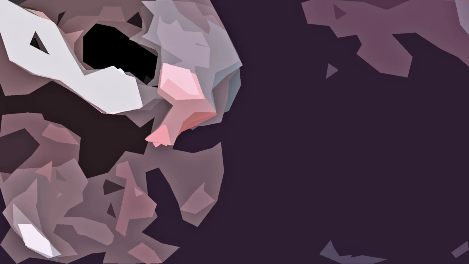 Abstrakte, kantige Formen in Rosa, Grau und Mauve auf dunklem violettem Grund, links dichter, rechts leer.