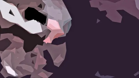 Abstrakte, kantige Formen in Rosa, Grau und Mauve auf dunklem violettem Grund, links dichter, rechts leer.