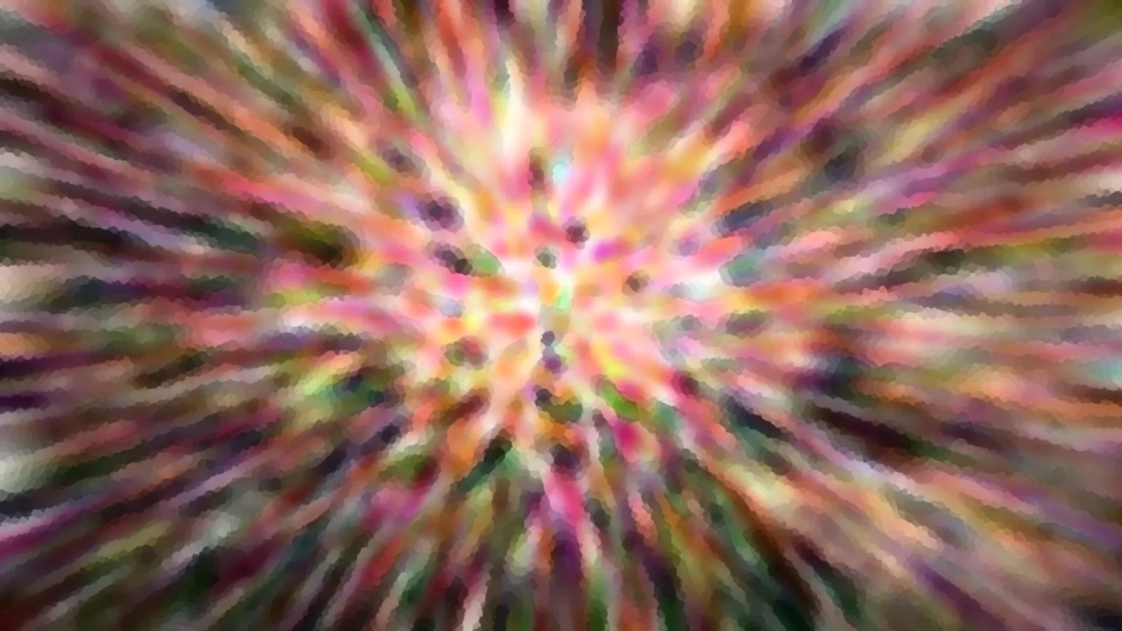 Radiale, verwischte Farbstrahlen in Rosa, Gelb, Grün und Violett, die von einem hellen Zentrum nach außen laufen.