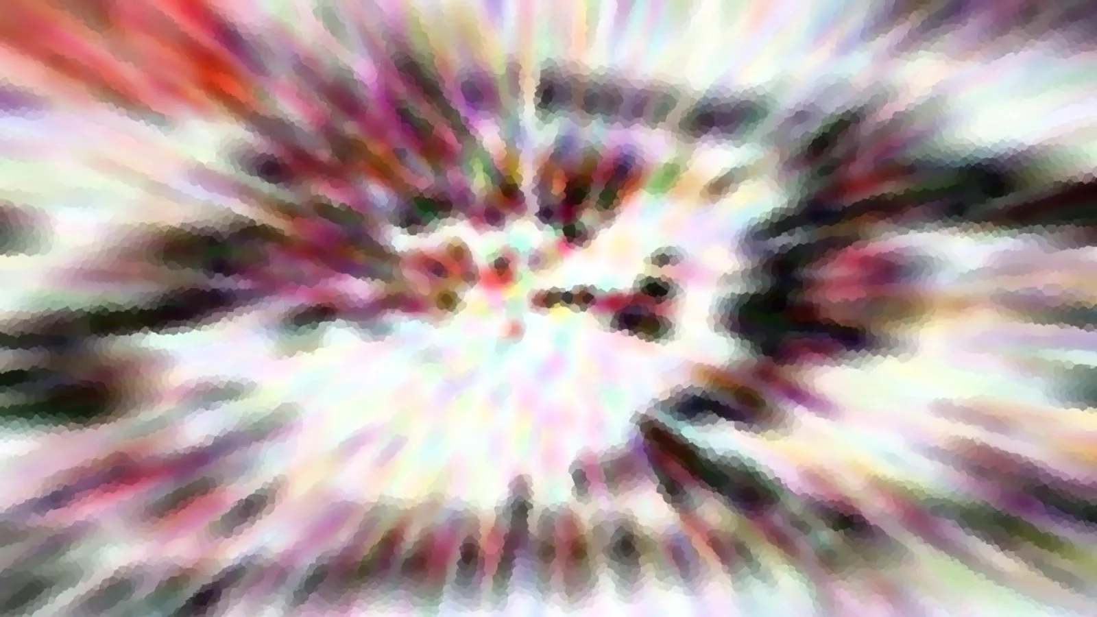 Abstrakte Komposition aus bunten, radial verwischten Farbstrahlen mit dunklen Punkten im Zentrum, in mosaikartiger Pixelstruktur.