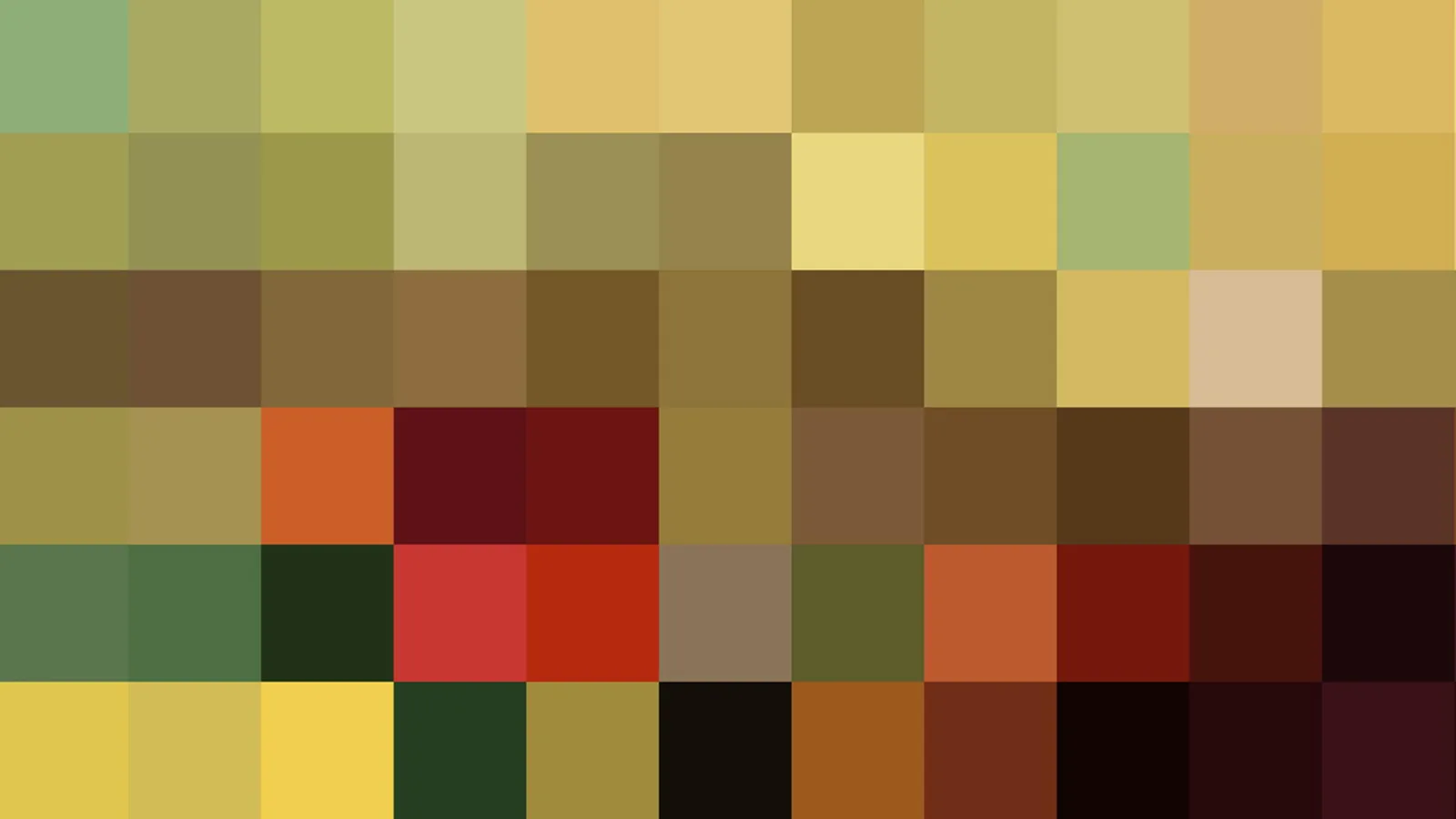 Mosaik aus quadratischen Farbfeldern in Oliv, Gelb, Braun, Rot und Schwarz, angeordnet in sechs Reihen.