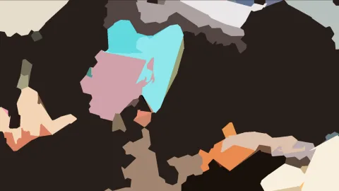 Abstrakte Komposition aus cyanfarbenen, rosa, orangen und beigen Flächen auf dunklem Grund.