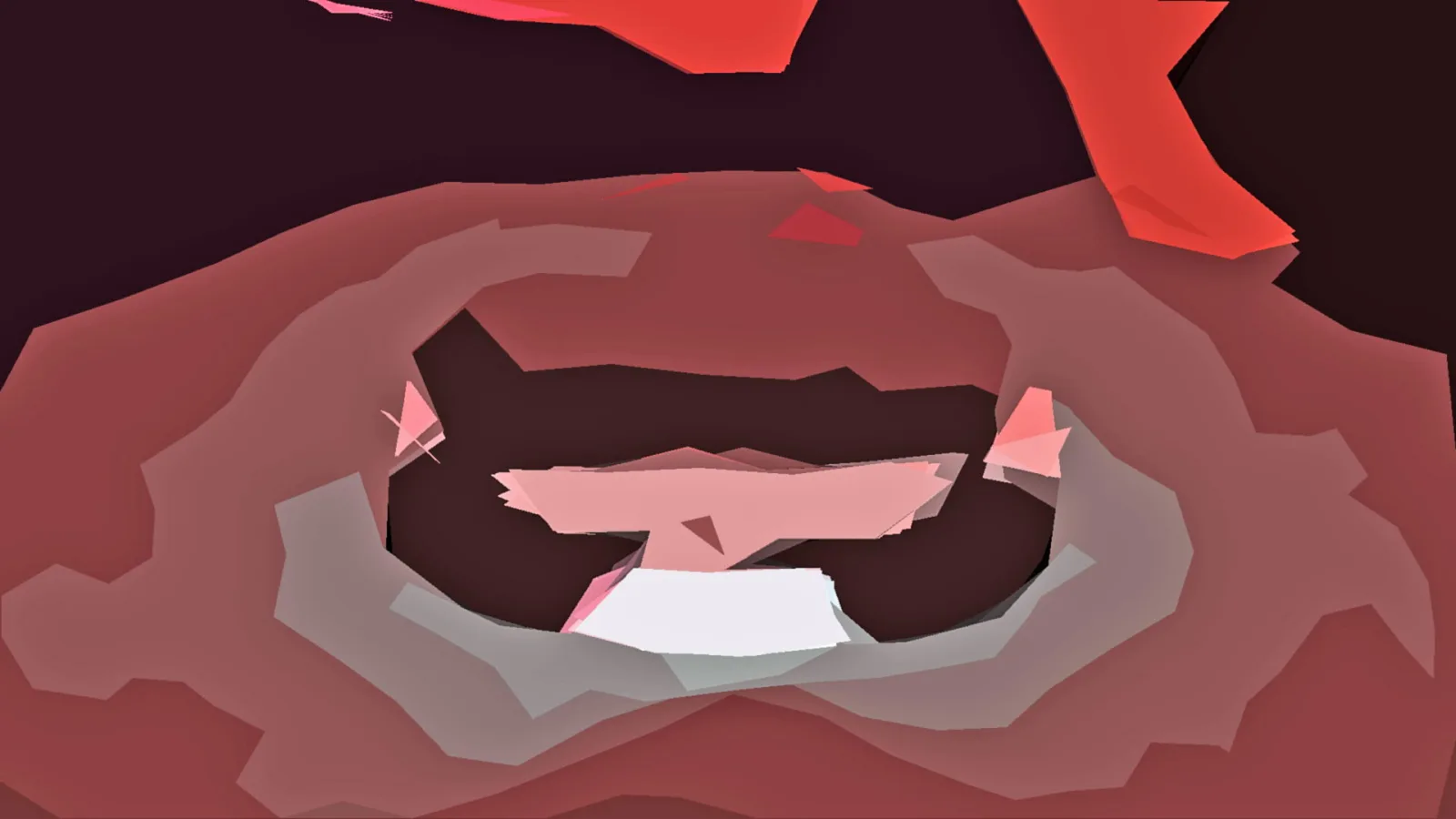Abstrakte Komposition aus roten und rosafarbenen Facetten, um eine dunkle Mitte mit hellen weißen und rosa Formen angeordnet.