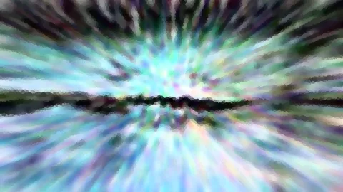 Abstrakte Komposition aus radial verwischten blau-grünen und violetten Farbstrahlen, die von der Bildmitte ausgehen, über einem dunklen Horizontstreifen.