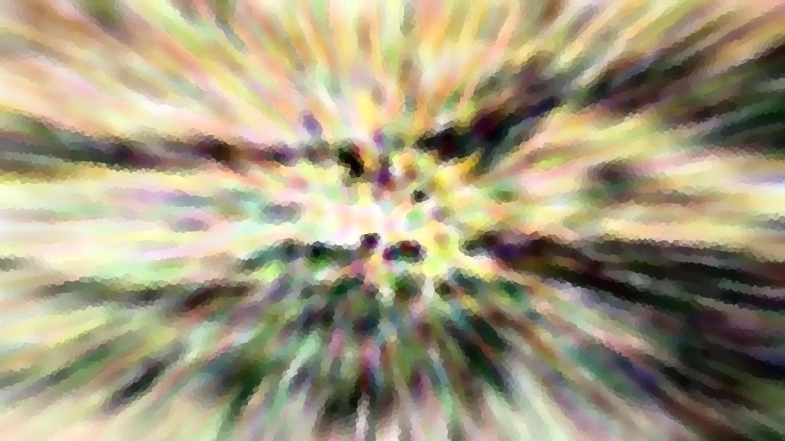 Abstrakte Komposition aus radial verlaufenden, verwischten Streifen in Gelb, Grün, Rosa und Dunkelgrün, im Zentrum helle Punkte.