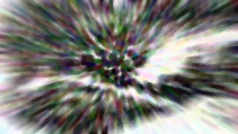 Abstrakte Komposition aus bunten, radial von einem dunklen Zentrum ausstrahlenden Schlieren in Grün, Violett, Weiß und Rot, stark verwischt.