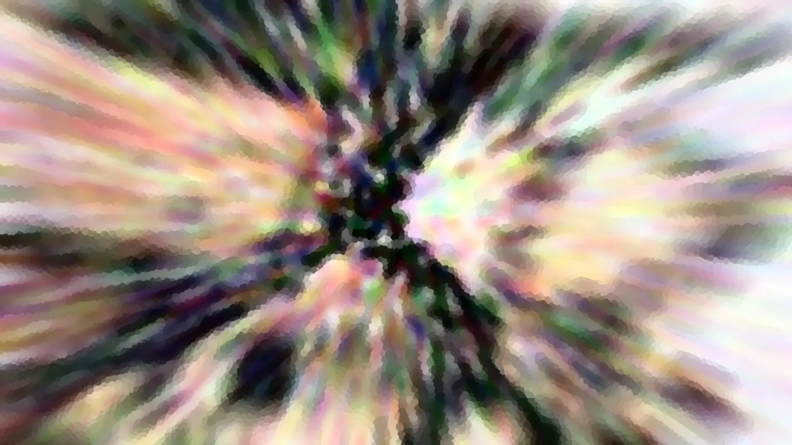 Abstrakte Komposition aus radial angeordneten, verwischten Farbstreifen in Rosa, Grün, Gelb und Dunkelblau, die von einem dunklen Zentrum nach außen strahlen.