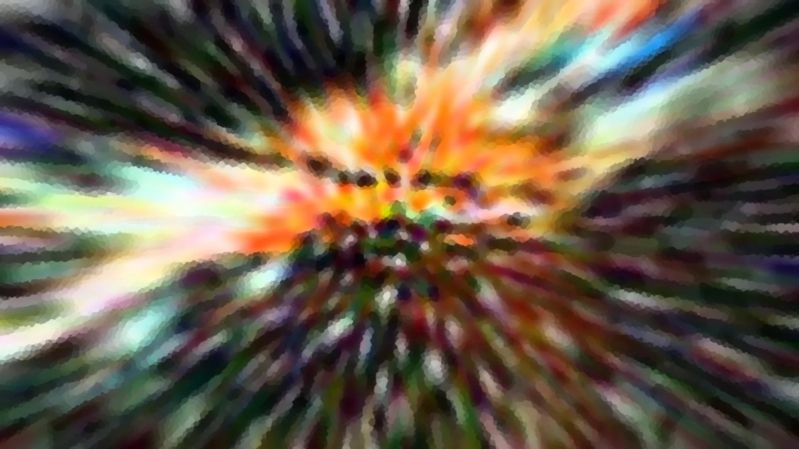 Abstraktes Bild mit radial von der Mitte nach außen laufenden, bunten Streifen in Orange, Rot, Grün, Blau und Weiß, im Zentrum hell leuchtend.