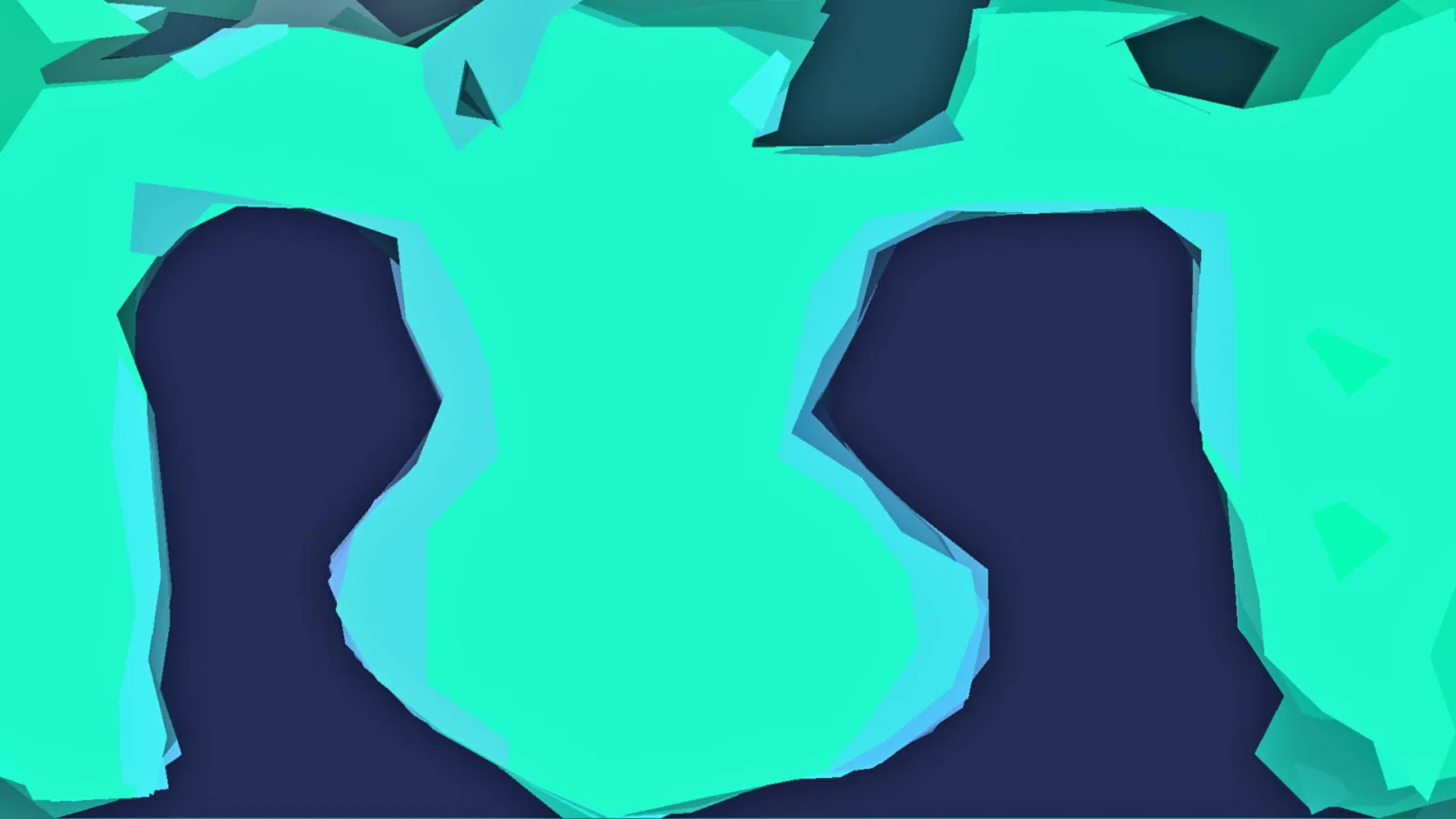 Abstrakte Komposition aus türkisfarbenen und dunkelblauen polygonalen Flächen, im Zentrum ein großer türkiser Bereich zwischen zwei dunklen Formen.