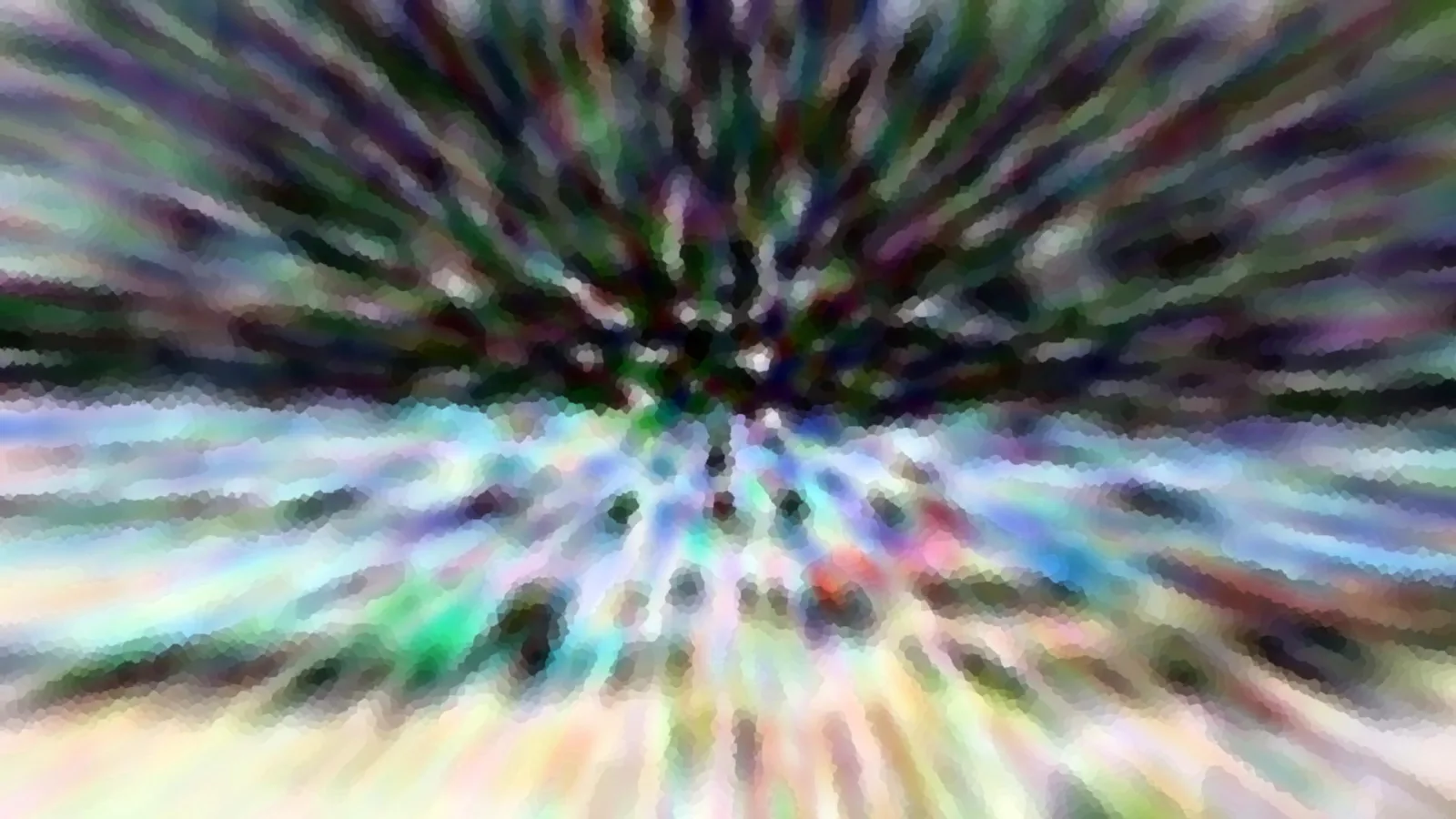 Abstrakte Komposition aus radial von der Mitte nach außen laufenden Farbstreifen in Grün, Violett, Blau und Weiß, durch Bewegungsunschärfe und mosaikartige Körnung aufgelöst.