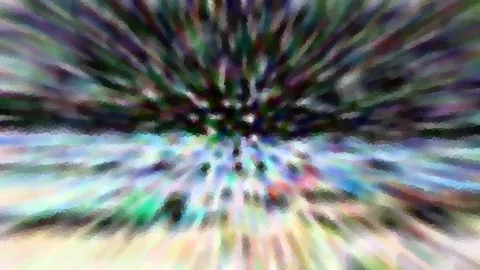 Abstrakte Komposition aus radial von der Mitte nach außen laufenden Farbstreifen in Grün, Violett, Blau und Weiß, durch Bewegungsunschärfe und mosaikartige Körnung aufgelöst.