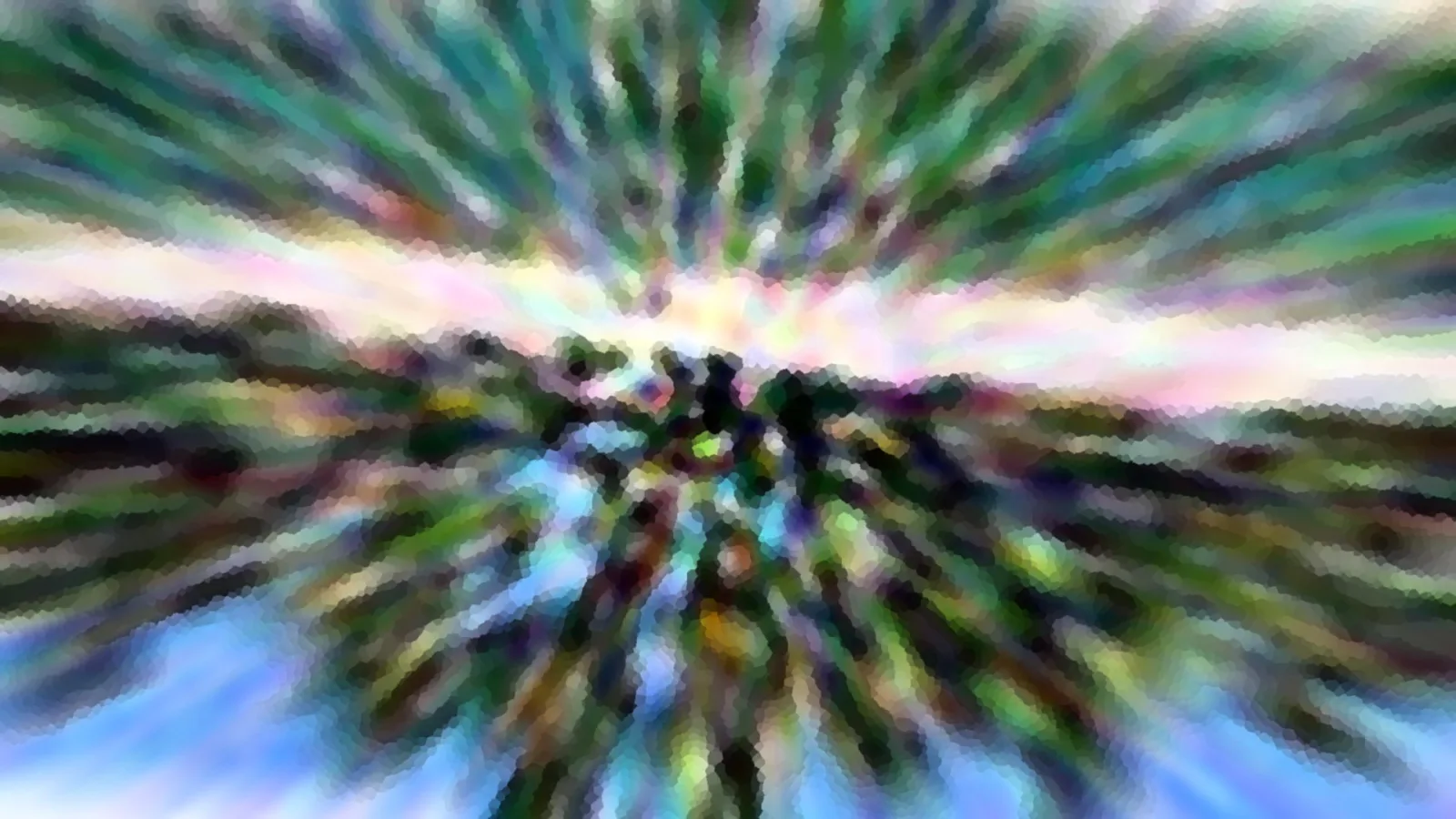 Abstrakte Komposition mit radialem Zoomeffekt: bunte Streifen in Grün, Blau und Rosa laufen zur Mitte, wo dunkle Baumsilhouetten vor hellem Himmel stehen.