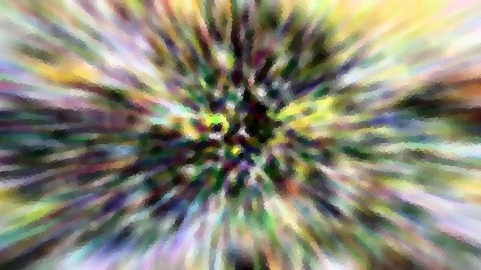 Abstrakte Komposition aus bunten, radial vom Zentrum nach außen laufenden Streifen in Grün, Gelb, Violett und Weiß, die wie gepixelt wirken.