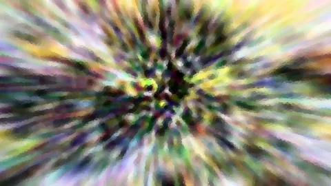 Abstrakte Komposition aus bunten, radial vom Zentrum nach außen laufenden Streifen in Grün, Gelb, Violett und Weiß, die wie gepixelt wirken.