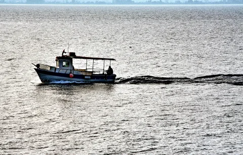 Ein kleiner Kutter mit Kabine und Sonnendach fährt von links nach rechts über eine silbrig glänzende, leicht bewegte See, dahinter verschwimmt die Küste im Dunst.