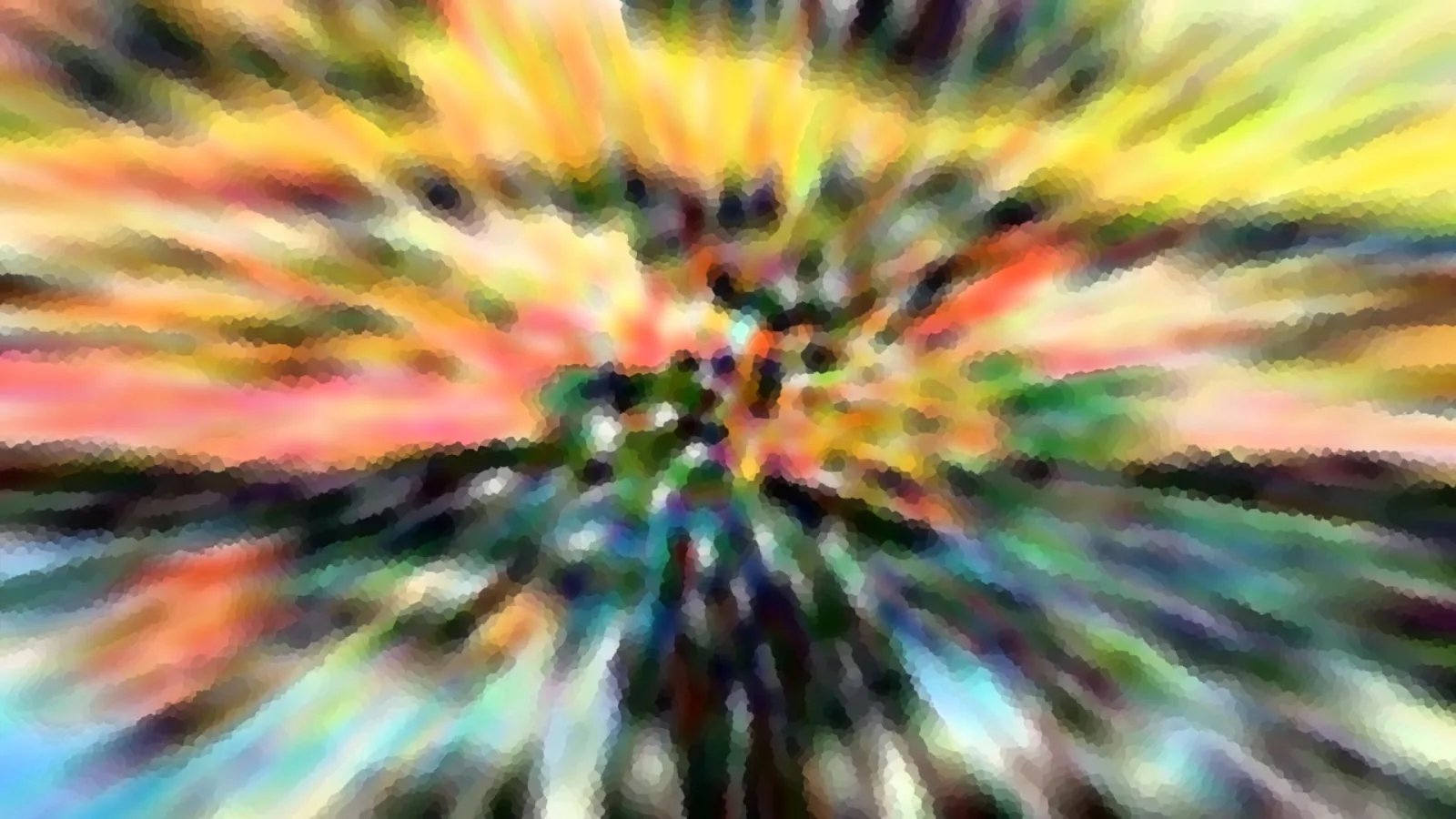 Abstrakte Komposition aus radial von einem Zentrum ausgehenden Farbstrahlen in Gelb, Orange, Grün und Blau, durch Mosaik- und Zoomeffekt verwischt.