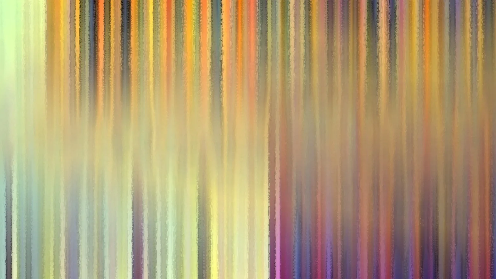 Abstraktes Bild aus vertikalen, verwischten Streifen in Gelb, Orange, Grün, Violett und Pink, die nach rechts dunkler und kühler werden.
