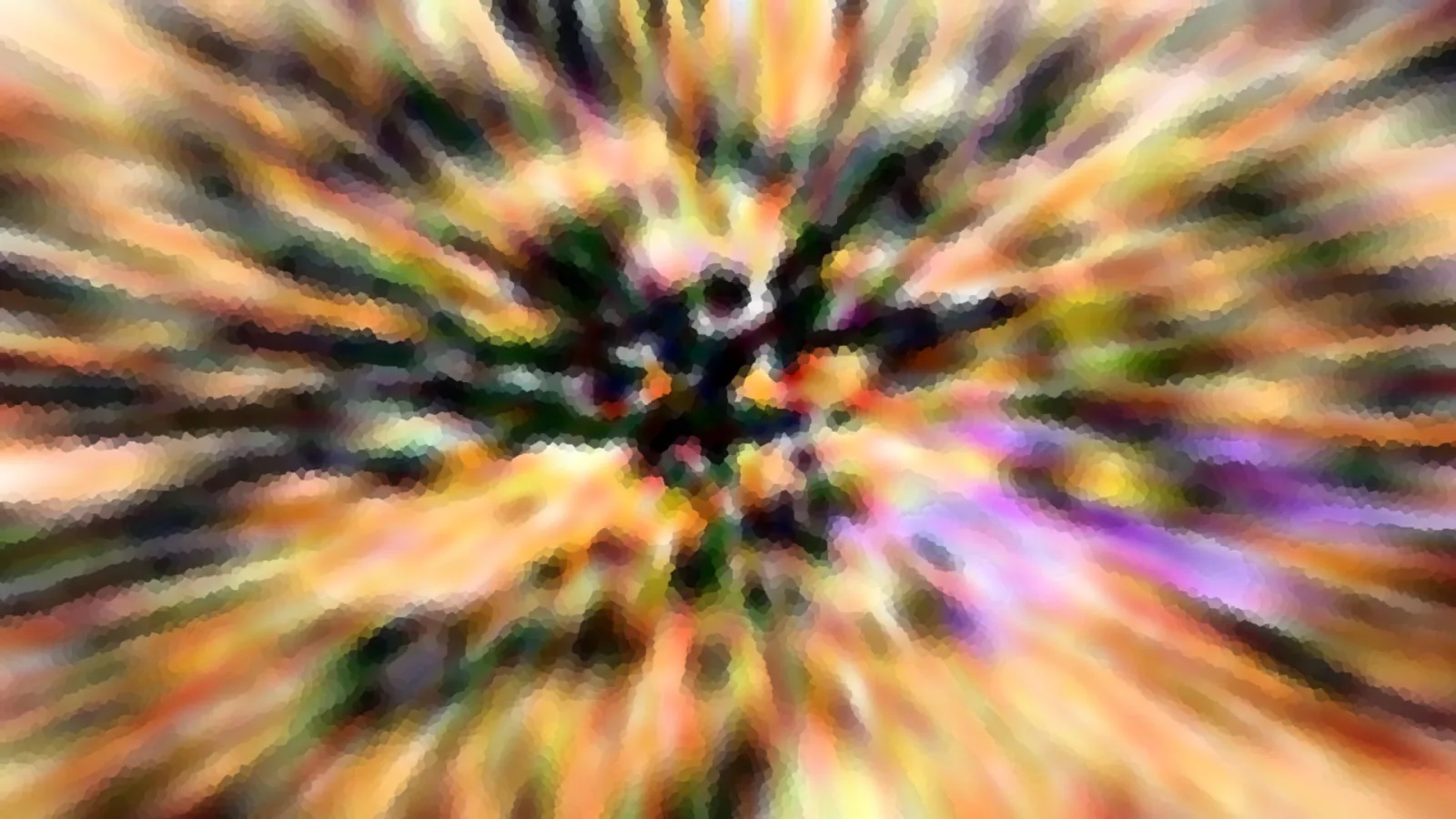 Abstraktes Bild mit radialem Zoomeffekt: Farbstreifen in Orange, Gelb, Grün und Violett strahlen von einem dunklen Zentrum nach außen, die Kanten wirken pixelig wie ein Mosaik.