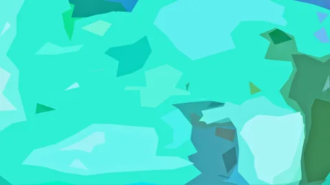 Abstrakte Komposition aus flachen, unregelmäßigen Polygonen in Türkis, Mint, Petrol und Grün, mit kleinen blauen Dreiecken am Rand.