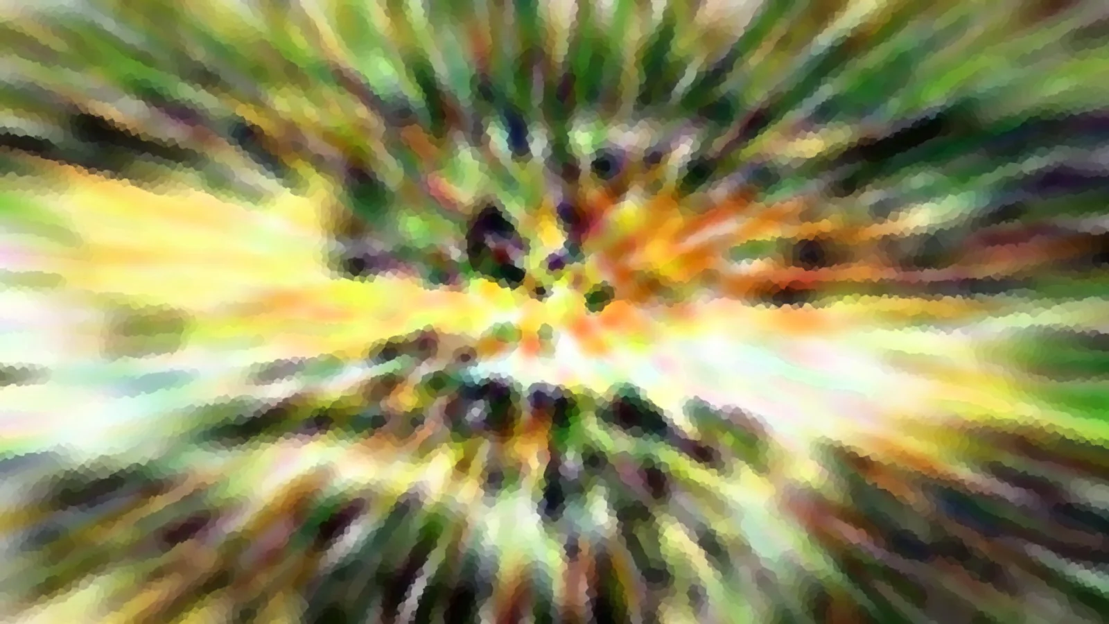 Abstraktes Bild mit verwischten, radial von einer hellen Mitte ausstrahlenden Streifen in Grün, Gelb, Orange und Dunkelbraun.