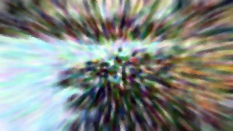 Abstrakte Komposition aus bunten Farbschlieren, die radial von einem dunkleren Zentrum nach außen strahlen, mit pixeligem Mosaikeffekt.