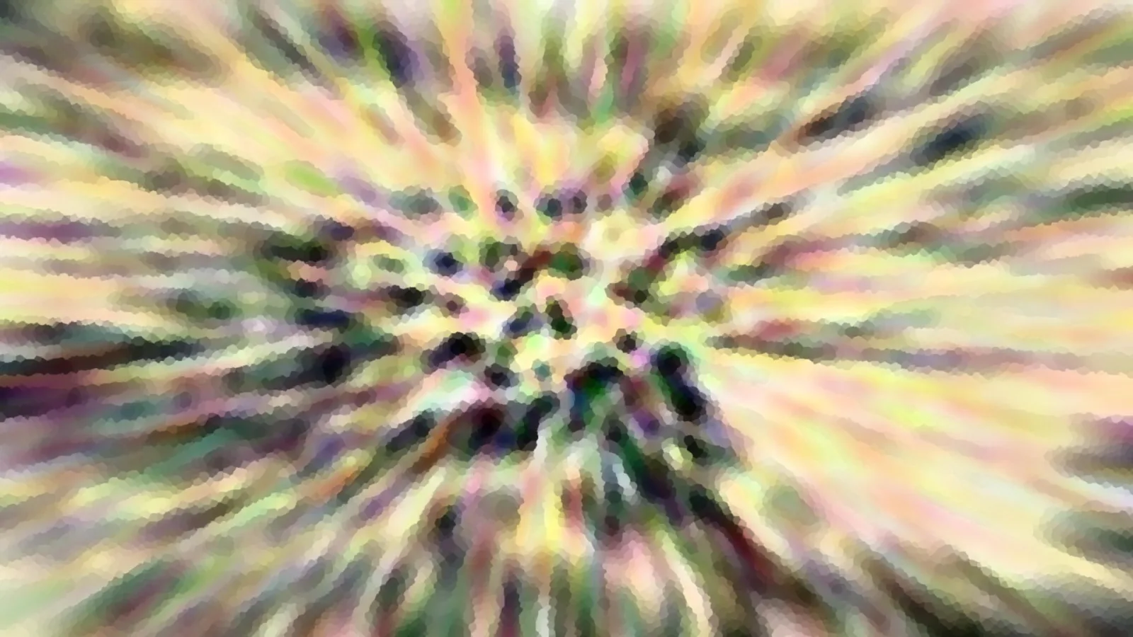 Abstrakte Komposition aus radial von einem dunklen Zentrum ausstrahlenden, verwischten Streifen in Gelb, Rosa, Grün und Violett, dazwischen dunkle Flecken.