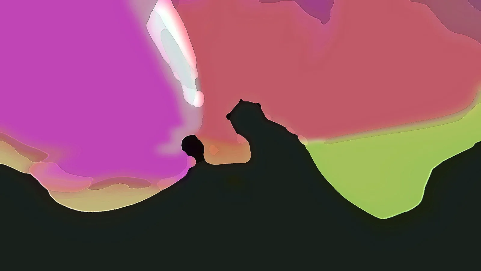 Abstrakte Komposition aus magentafarbenen, roten und grünen Flächen mit einer dunklen, tierähnlichen Silhouette im unteren Bildbereich.